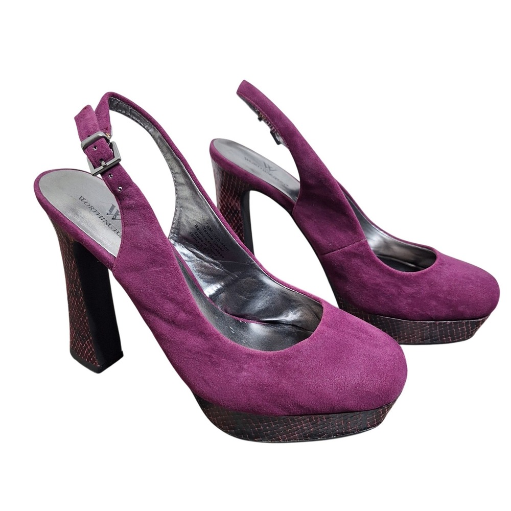 Worthington Women's 7.5M Purple Snakeskin Suede‎ Slingback Chunky Platform Heels